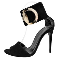 Gucci Black Suede Strappy Sandals Heels Gold D Ring Stiletto EU 37