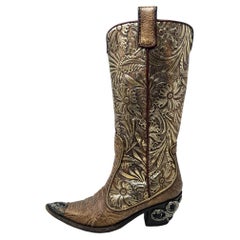 Vintage Giuseppe Zanotti Brown Leather Western Boots Sculptural Gold Heels 6