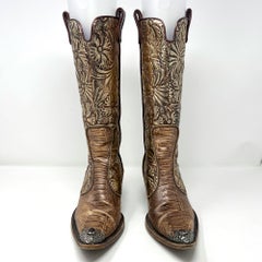 Vintage Giuseppe Zanotti Brown Leather Western Boots Sculptural Gold Heels 6