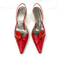 Rene Caovilla: scarpe con tacco alto vintage in pitone rosso con strass e motivo floreale, modello slingback, numero 38