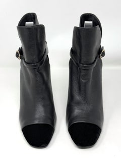 Chanel FW 2021 Black Leather Velvet Cap Toe Ankle Boots Gold Logo Heels 40