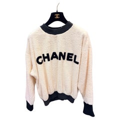 Rare 1992 Chanel Runway Terrycloth Letter Logo Ecru Ivory Sweater Sweatshirt