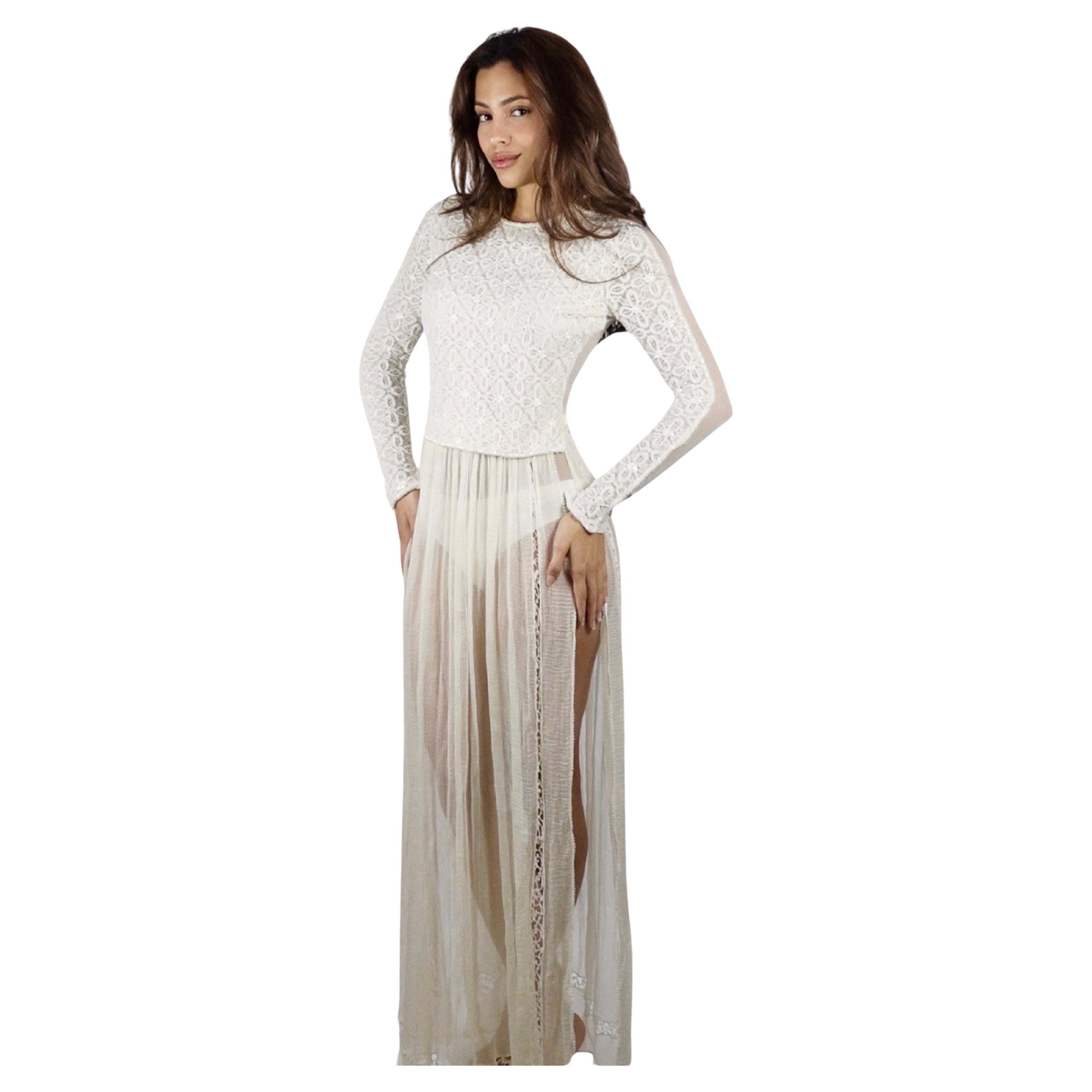 Giorgio Armani 1995 Ivory Beaded Lace & Pleated Silk Two-Piece Set For Sale