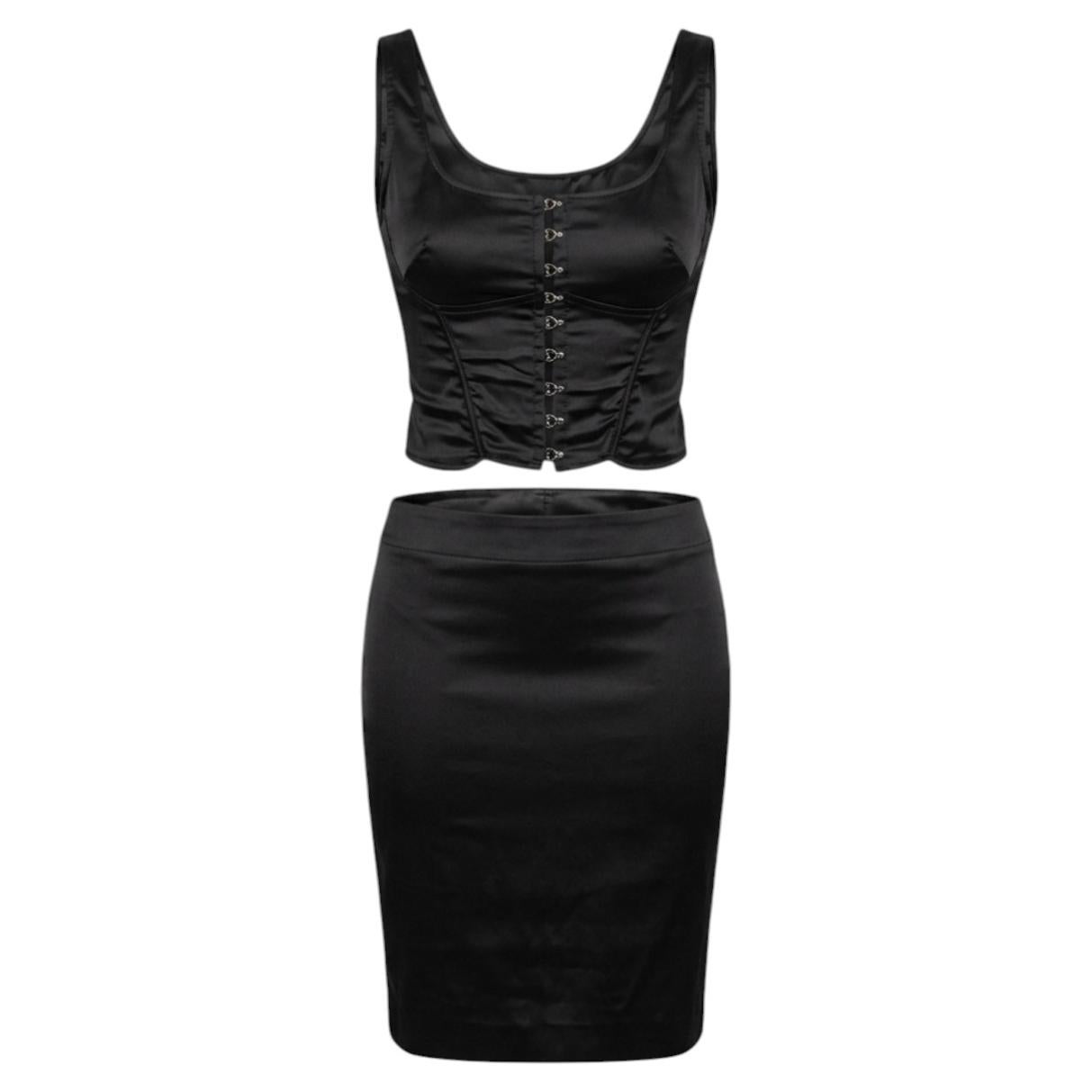 Pre-owned Mila Schön Mila Sch�n Early 2000s Black Satin Corset Bustier Top & Pencil Skirt Set