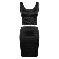 Mila Schön Early 2000s Black Satin Corset Bustier Top & Pencil Skirt Set