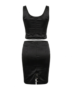 Mila Schön Early 2000s Black Satin Corset Bustier Top & Pencil Skirt Set