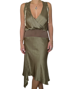 We Are Replay 2000s Khaki Silk Dress — Hand-Painted & Embroidered Peacock Back