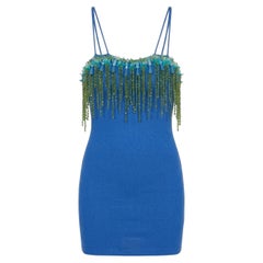 Gaetano Navarra 1990s Blue Mini Dress — Beaded Floral & Crystal Fringe Bustier