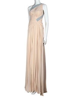 Versace 2010 Maxi asymmetric nude chiffon dress greca rhinestones