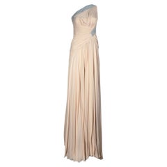 Versace 2010 Maxi asymmetric nude chiffon dress greca rhinestones