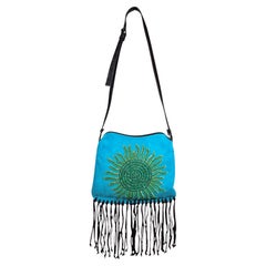 Valentino Spring 2002 Turquoise suede messenger fringe bag malachite pearls
