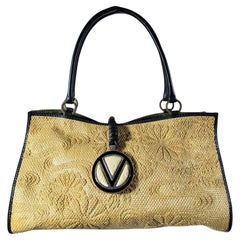 Valentino Spring 2002 Natural straw floral tote bag black leather