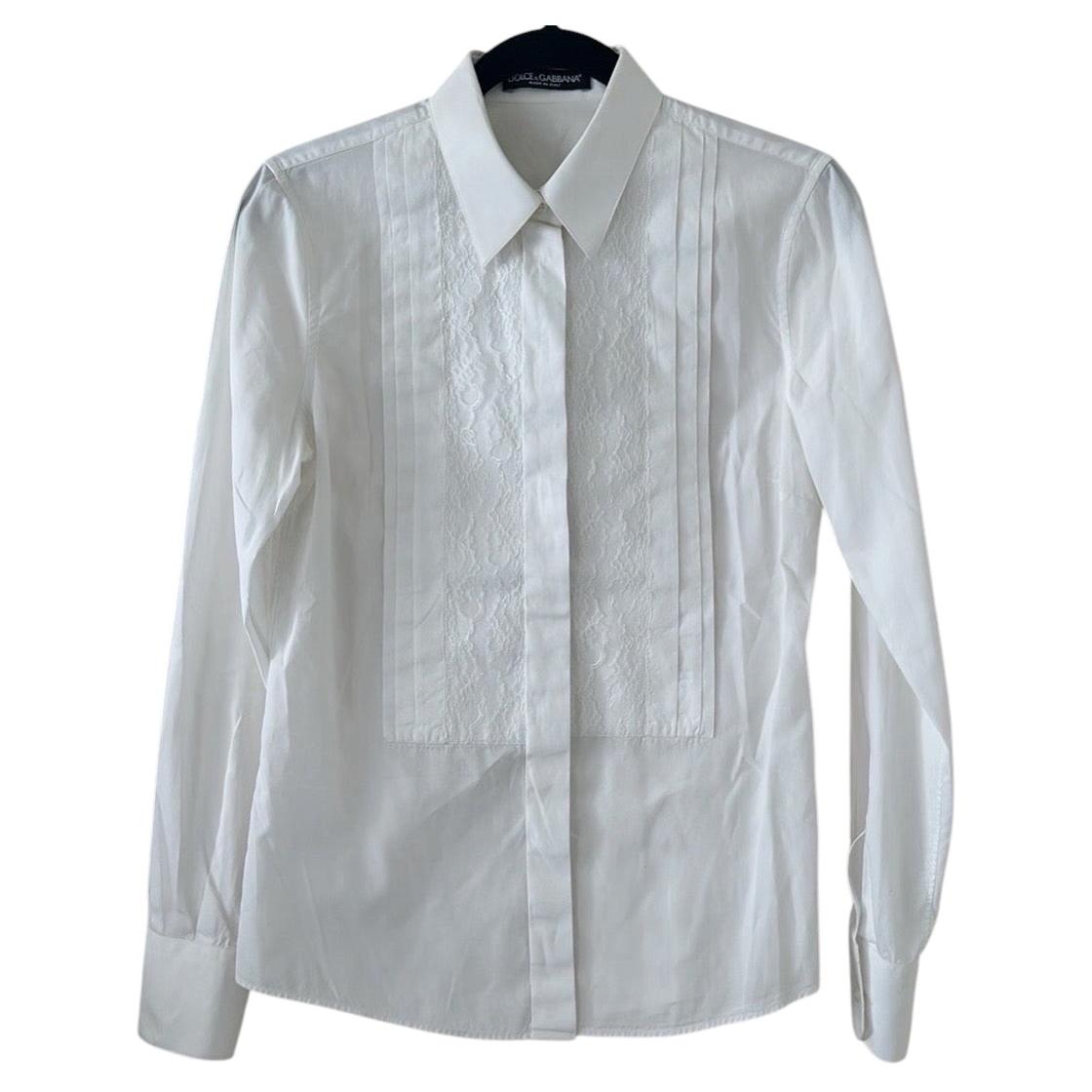Dolce & Gabbana White Lace Pleat Bib Tuxedo Shirt IT 38 Stretch Poplin Authentic en vente