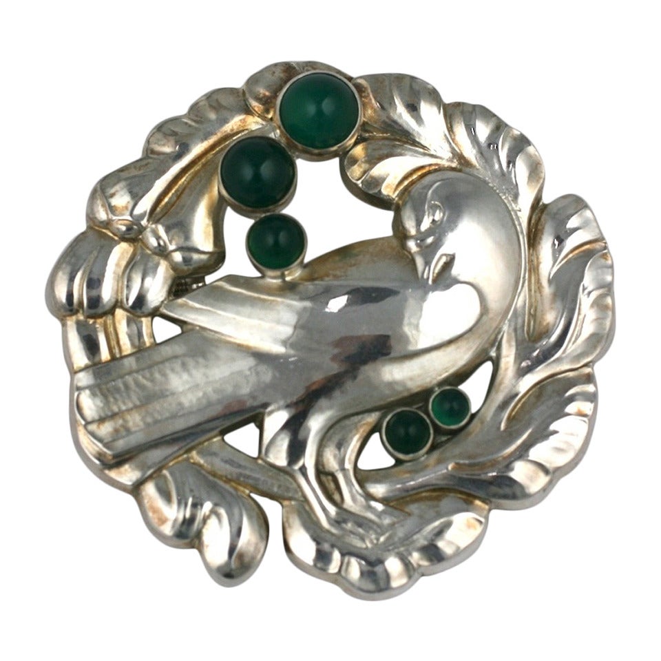 Georg Jensen Bird Brooch with Crysophrases For Sale