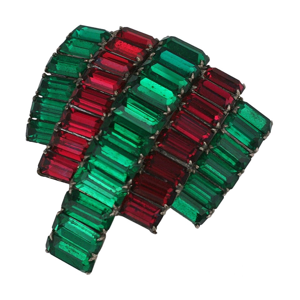 Ruby and Emerald Baguette French Clip Brooch For Sale