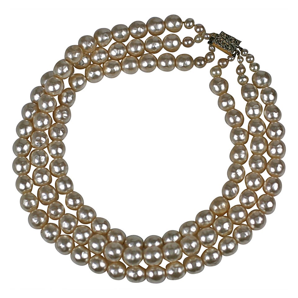 3 Strand Rousselet Pearl Necklace For Sale