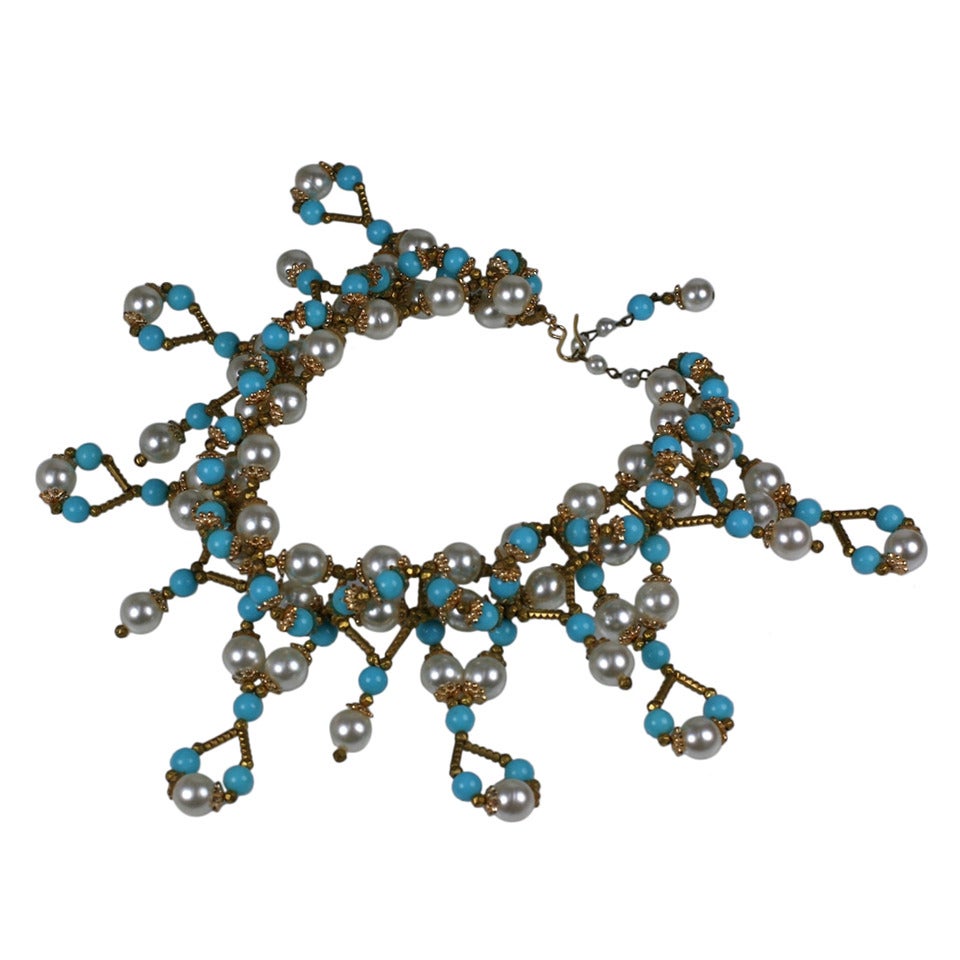 Italian Faux Pearl, Turquoise and Gilt Collar For Sale