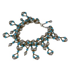 Vintage Italian Faux Pearl, Turquoise and Gilt Collar