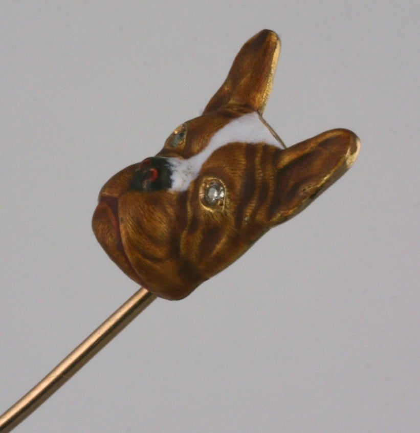 Charming, realistically rendered enameled French bulldog stickpin set in 14k gold. Made in Newark N.J, the fine jewelry manufacturing hub of the US at the turn of the 20th Century. 
Bulldog is fully enamelled in brown, cream and black with rose