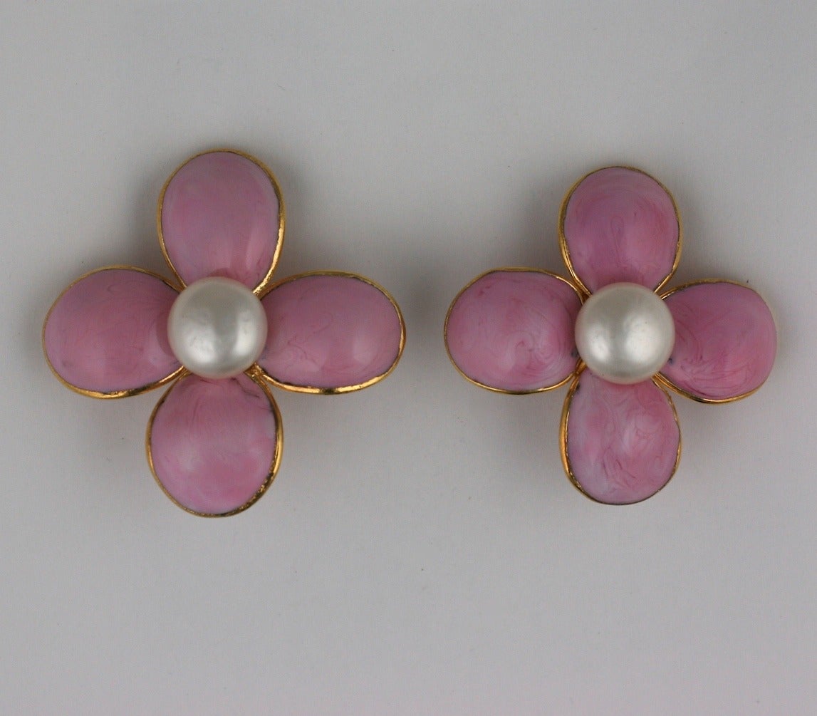 Large Chanel rose pate de verre ear clips by Maison Gripoix. Handmade with marbleized pink and white poured glass swirled petals in gilt bezels.
 2