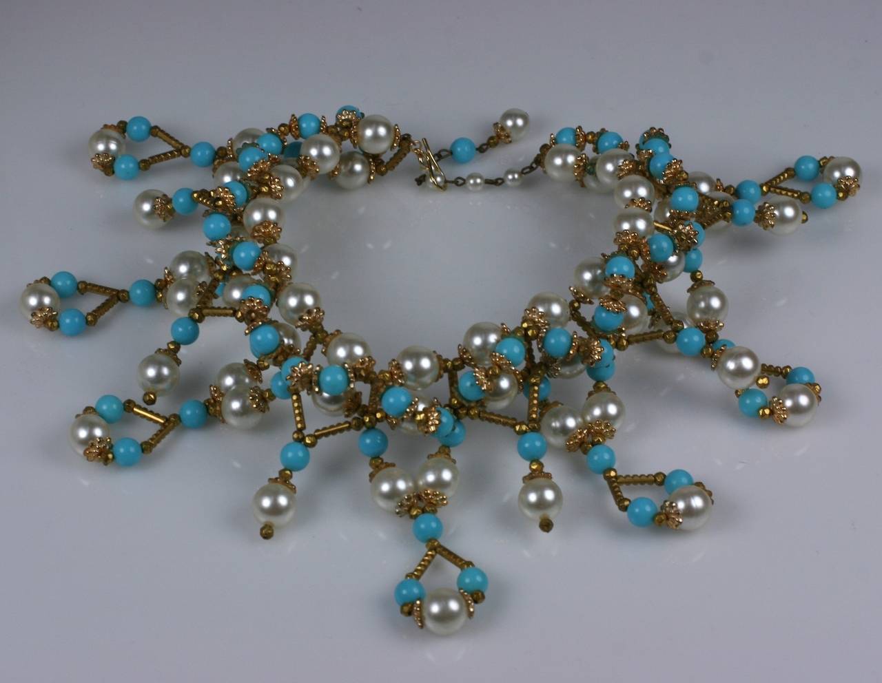 Italian Faux Pearl, Turquoise and Gilt Collar In Excellent Condition For Sale In New York, NY