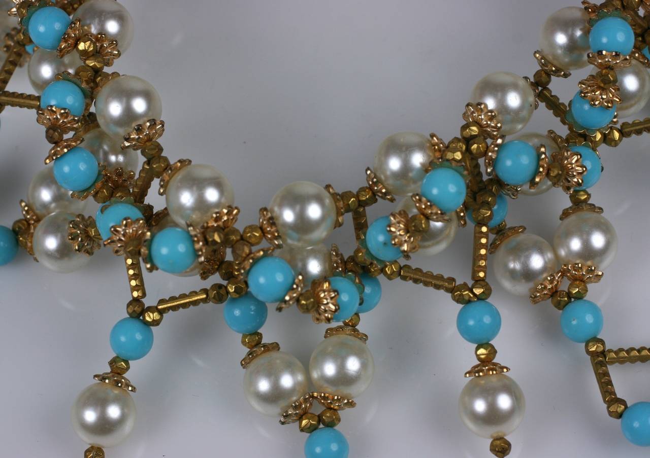 Women's Italian Faux Pearl, Turquoise and Gilt Collar For Sale