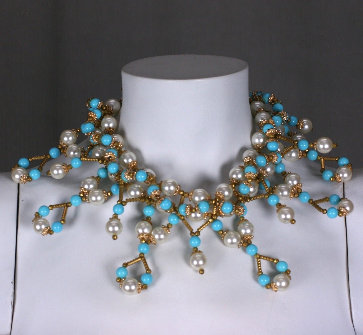 Italian Faux Pearl, Turquoise and Gilt Collar For Sale 1