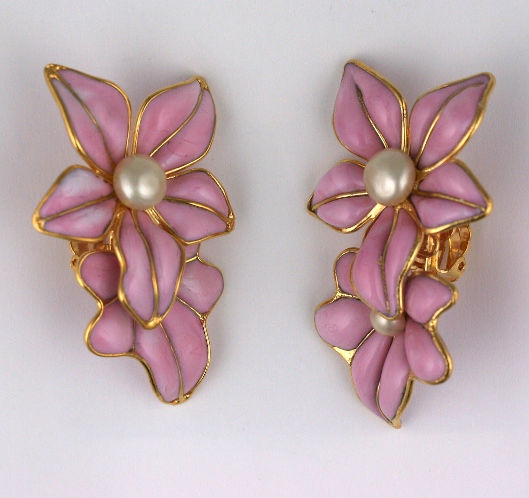 Chanel Double Lily Pate de Verre Earclips In Excellent Condition In New York, NY