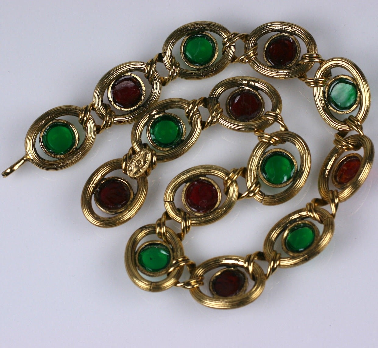 Medieval  Maison Gripoix for Chanel Amythest, Ruby, Emerald Poured Glass Chain Necklace For Sale