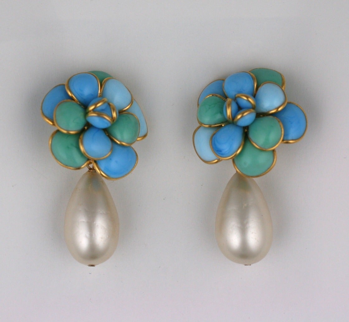 Chanel camellia earrings in jade, turquoise and sky blue poured glass by Maison Gripoix. Large faux pearl drop. Clip back fittings, 1990's France.
Excellent condition.  2.5