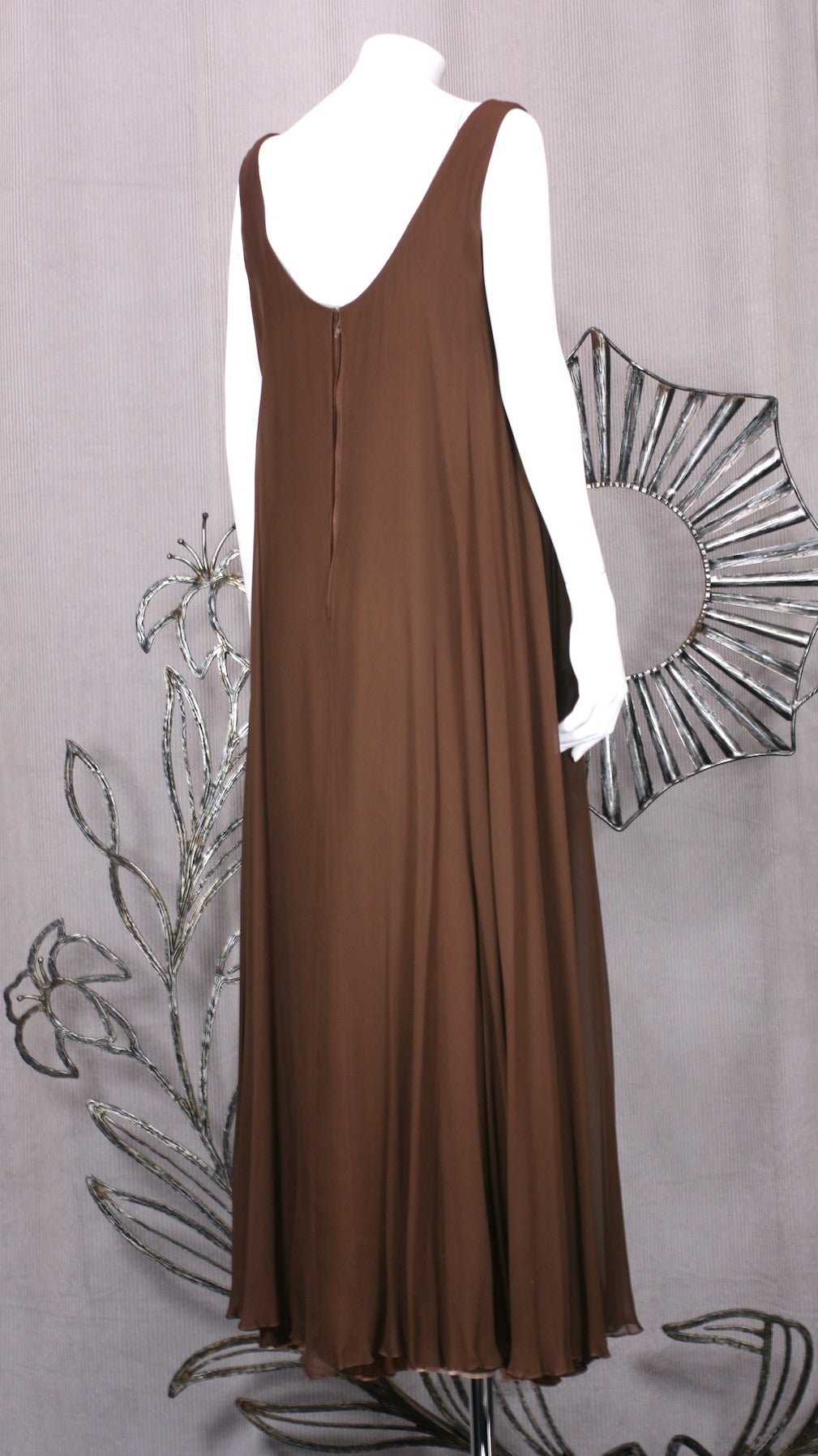 Stravapoulos Brown Chiffon Gown In Excellent Condition For Sale In New York, NY