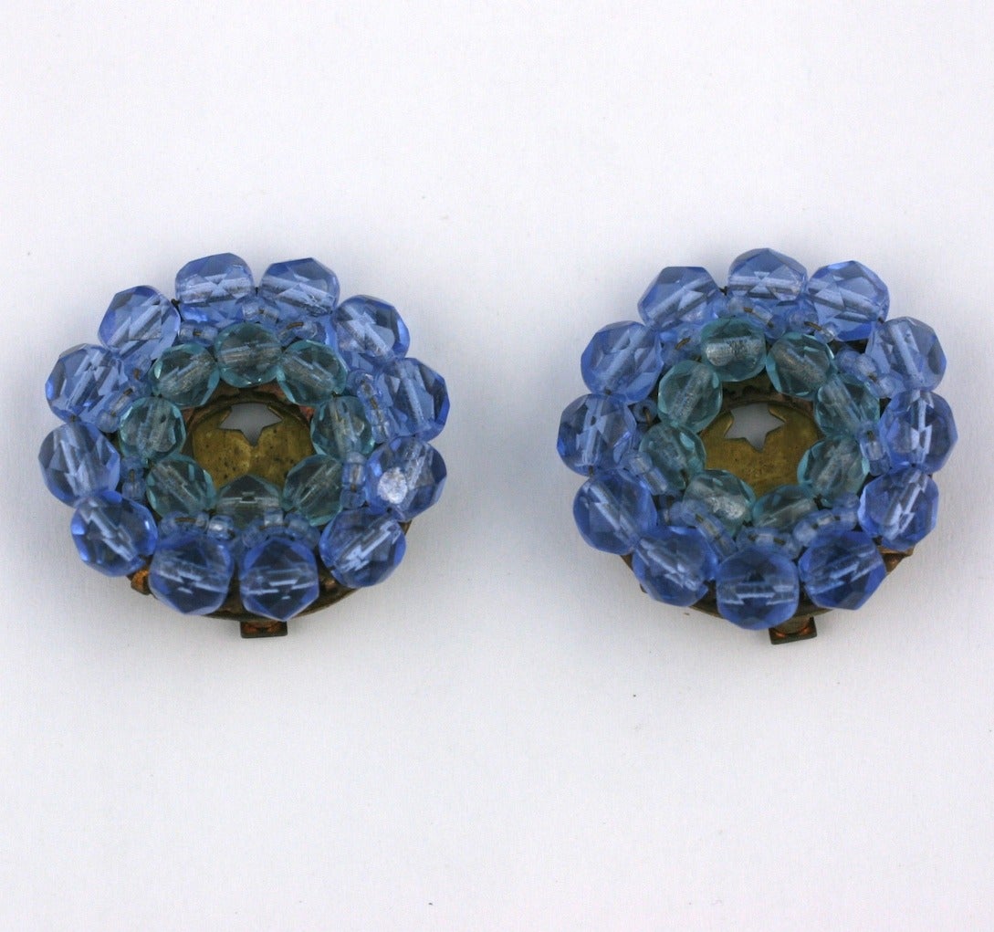 Coppola e Toppo pale aqua and pale sapphire signature crystal round earclips. Signed. 1.25