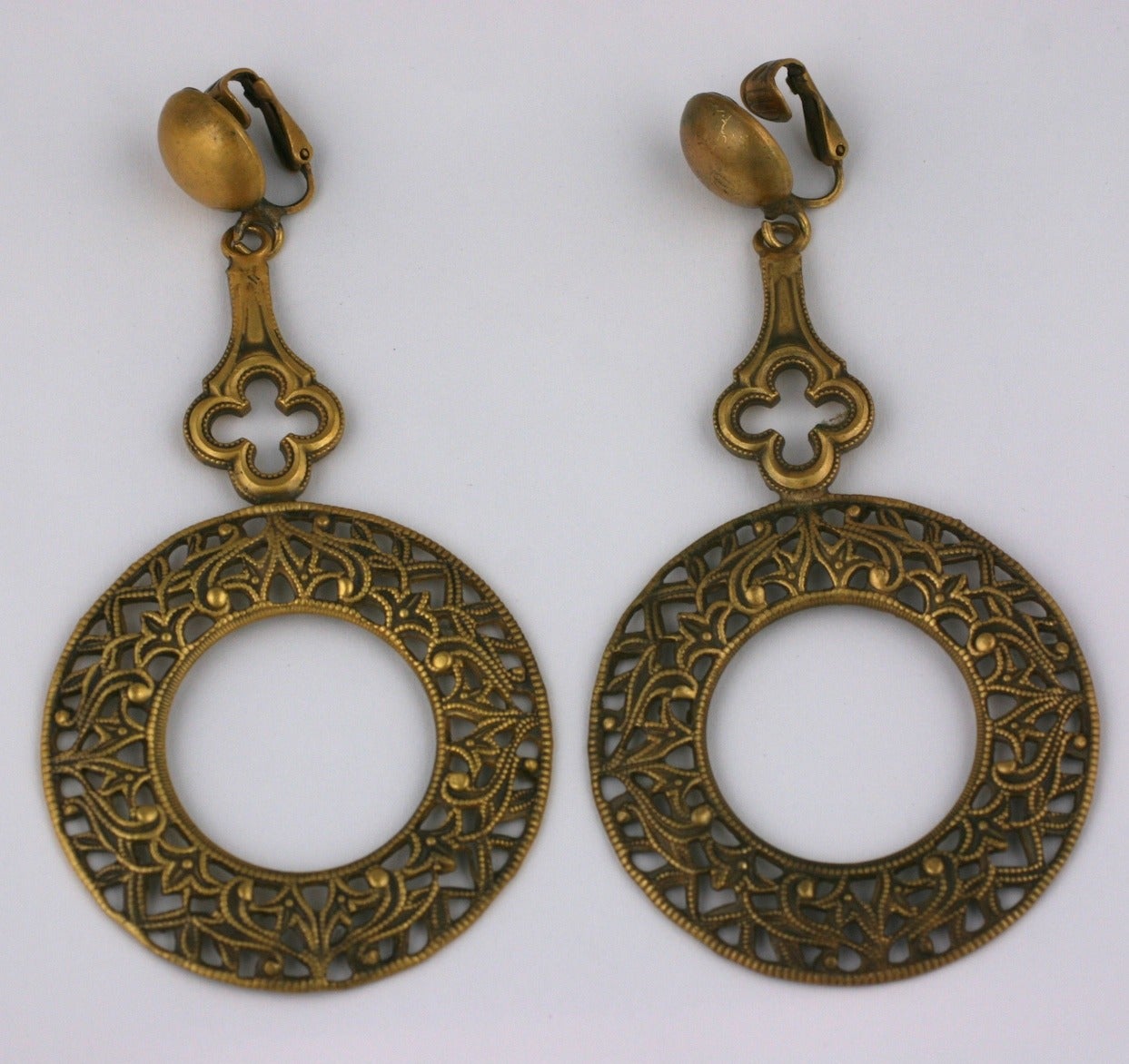 Joseff Hollywood signature lacquered gold, Gothic Revival long hoop earclips. Excellent condition. Length 3.5