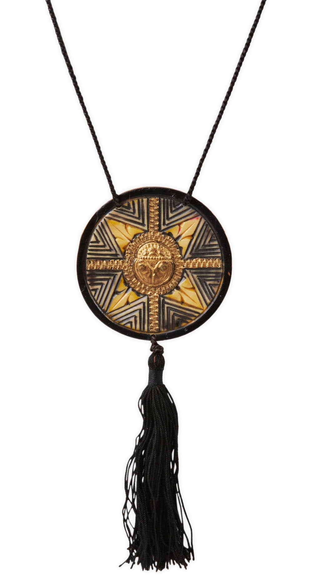 French Eygptian Revival Scarab Pendant in patinaed and painted celluloid on silk cord with tassel. Pendant 2.4