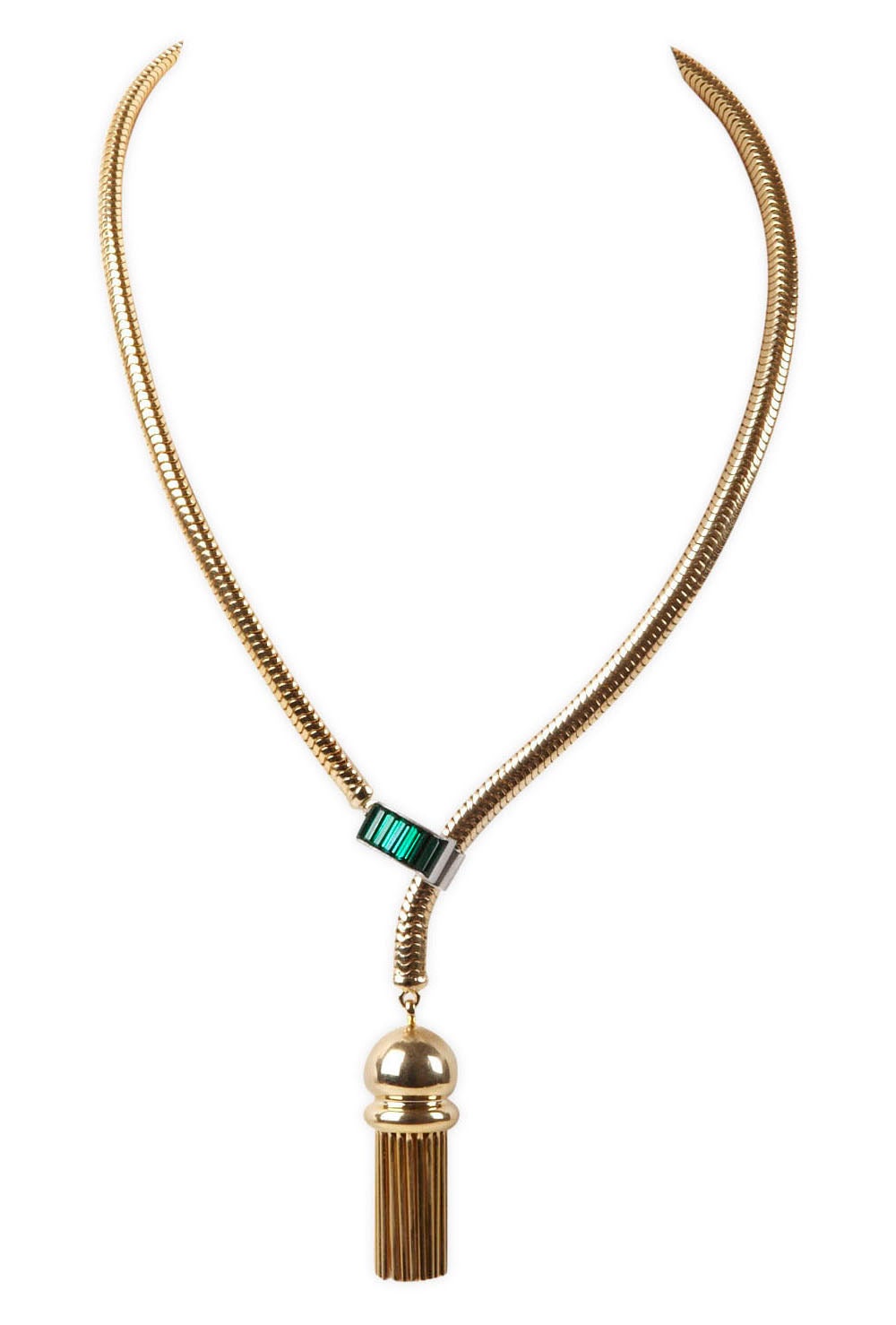 Kriesler Retro snake chain tassel necklace with adjustable clasp of emerald baguette cut stones. Gilt tassel drop. 1940's USA. 16.5