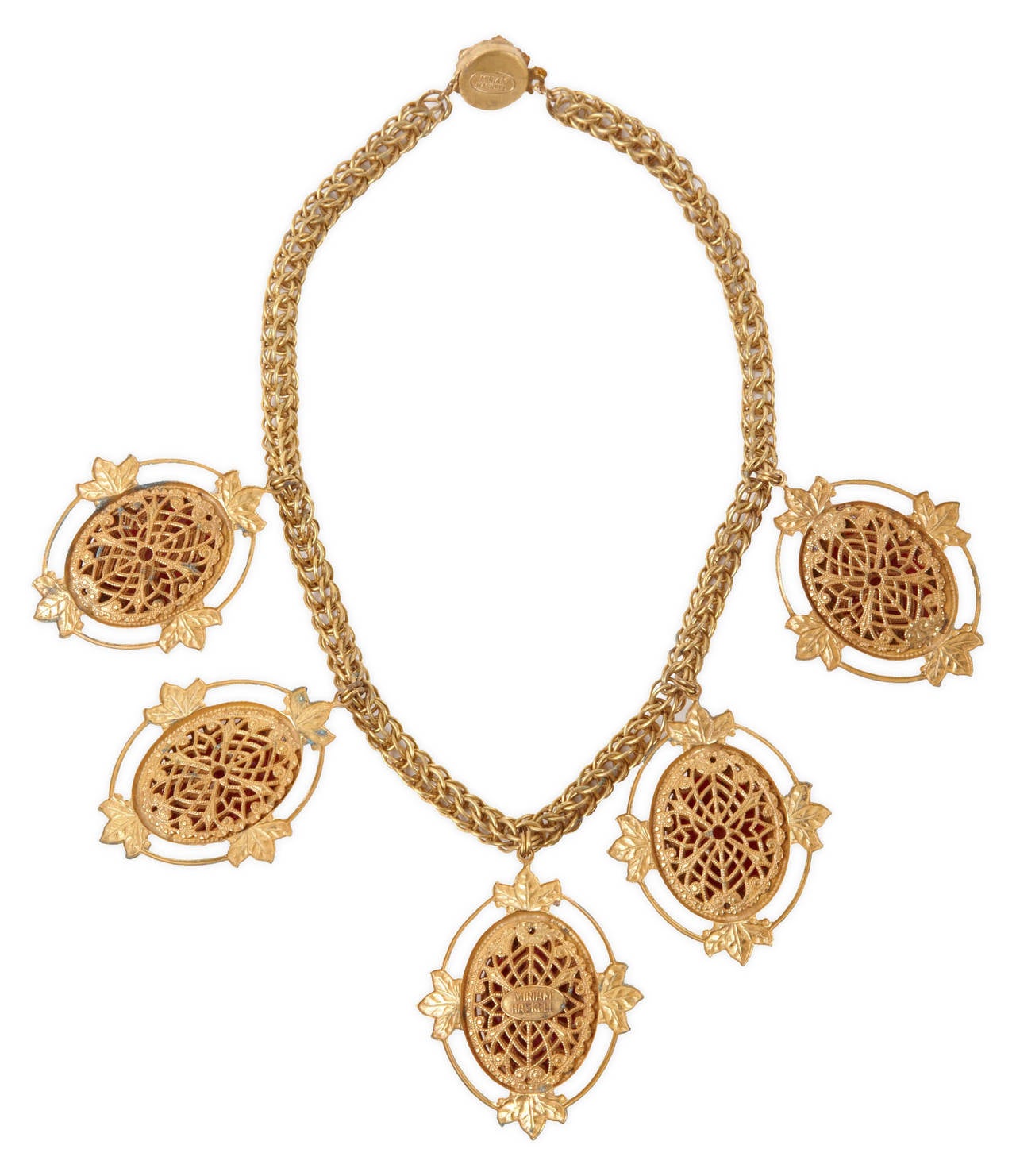 Miriam Haskell Coral Cameo Necklace In Excellent Condition For Sale In New York, NY