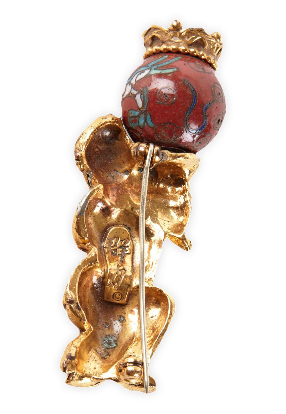 Asian Inspired Auspicious Gilt Figural Brooch