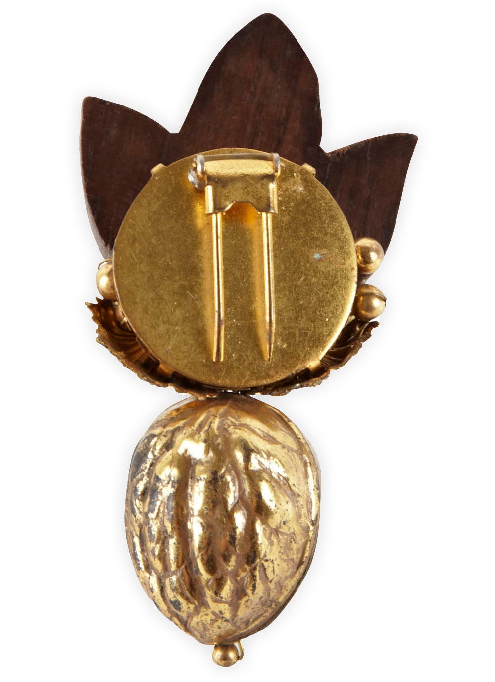 Miriam Haskell Gilt Walnut and Wood Leaf Dress Clip Brooch