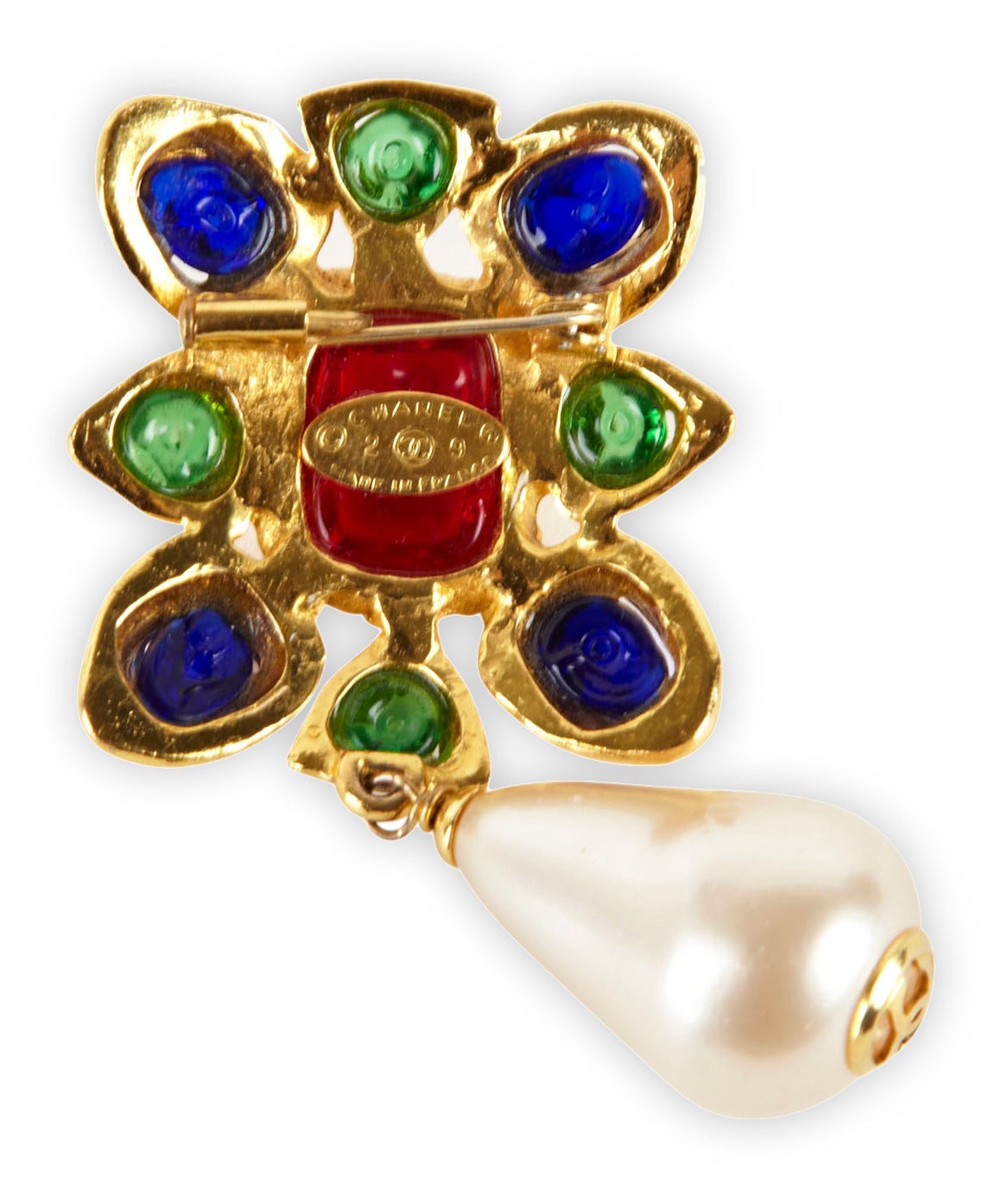 Chanel baroque poured glass brooch with large faux pearl pendant made by Maison Gripoix. The pendant is anchored by logo 