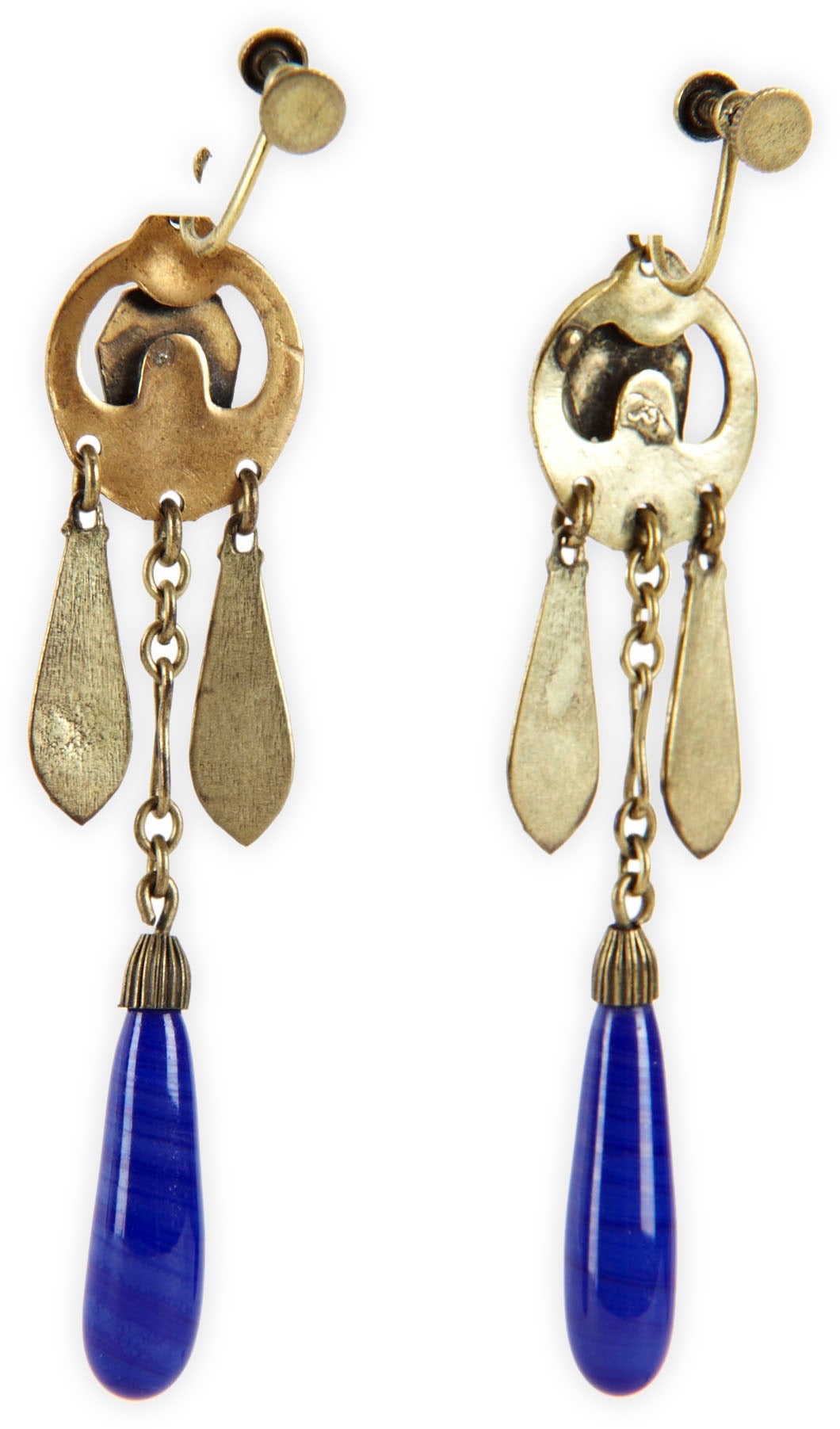 Eygptian Revival Pate de Verre Earrings from the Art Deco period with lapis glass and green gold finish. Screw back fittings. 1920's Czech.. 2.75