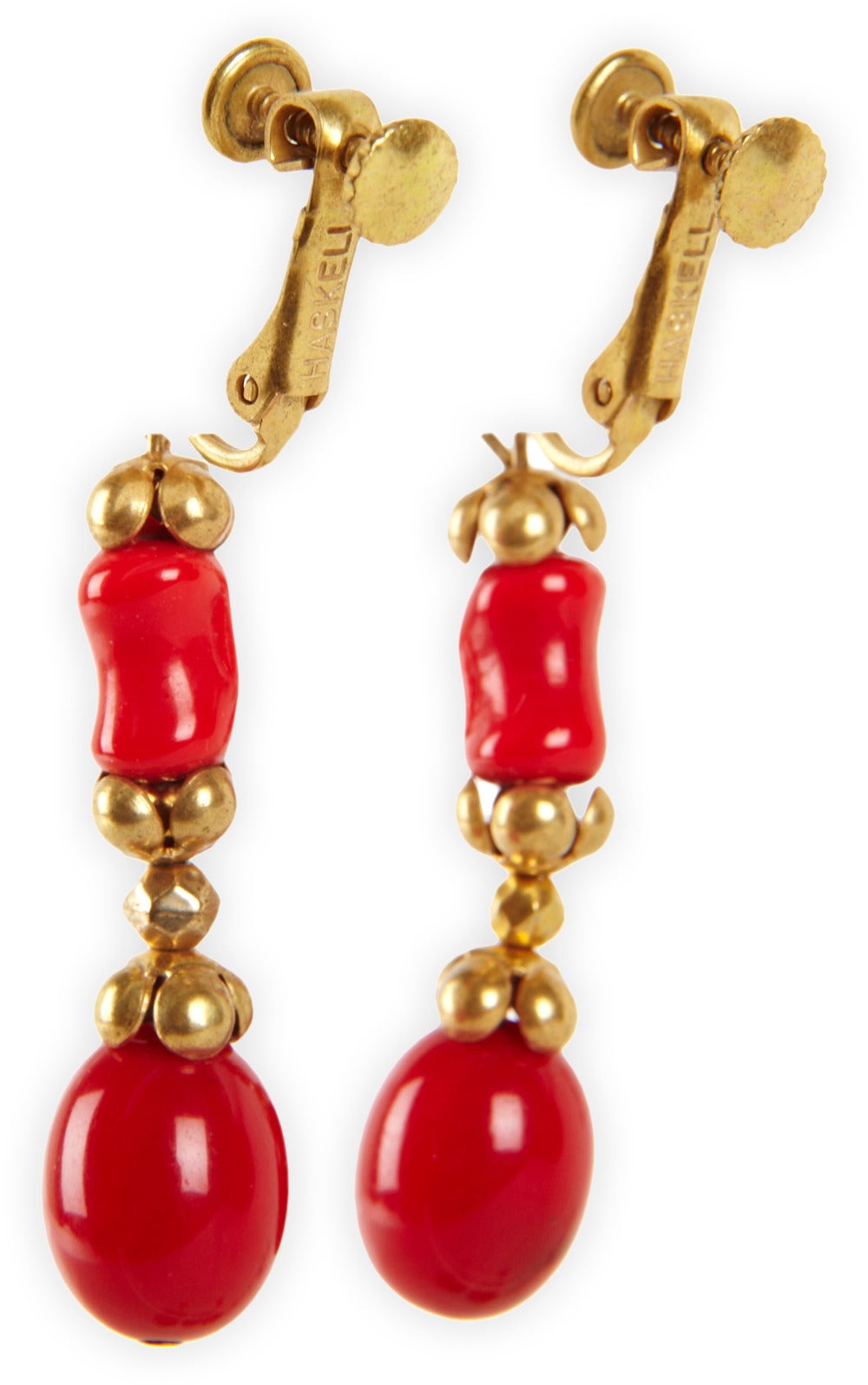 Miriam Haskell signature Russian gilt and tomato red pate de verre dangle earrings. Clip back fittings. 1950's USA.
Excellent condition.