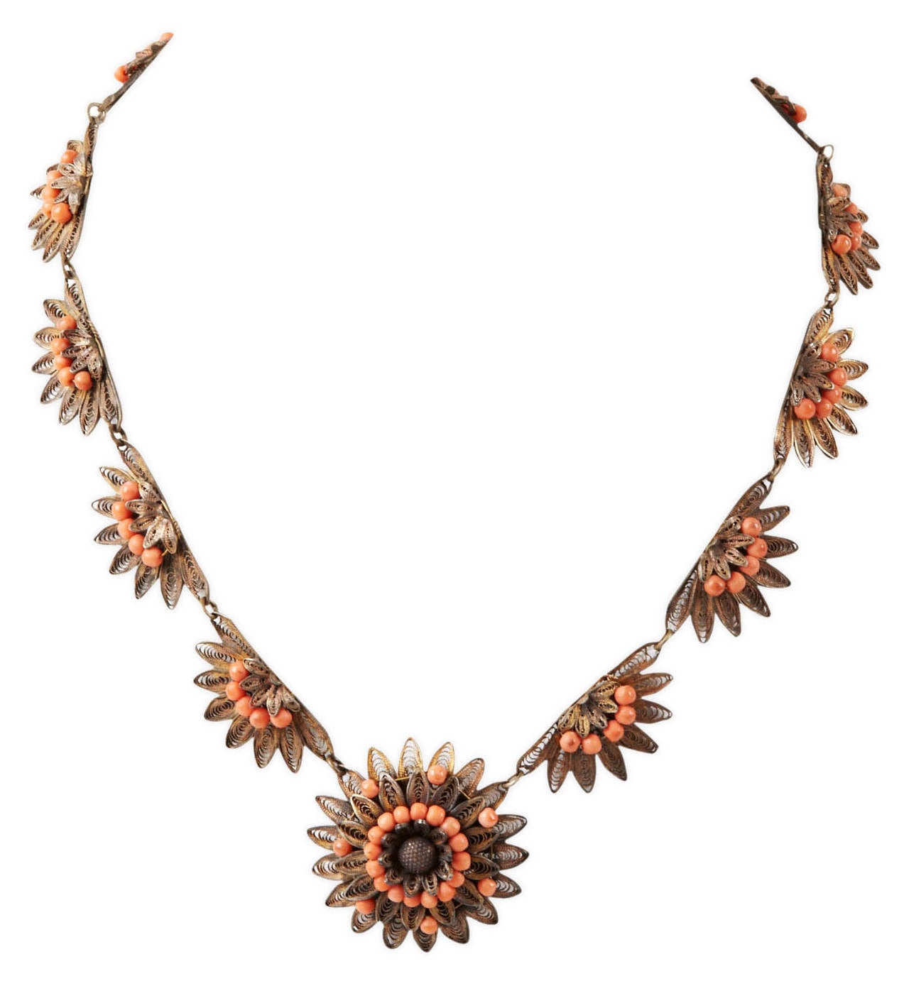 Silver Filigree and Coral Bead Floriform Necklace from the 1930's Italy. 
Excellent condition. Gilt Silver. 15