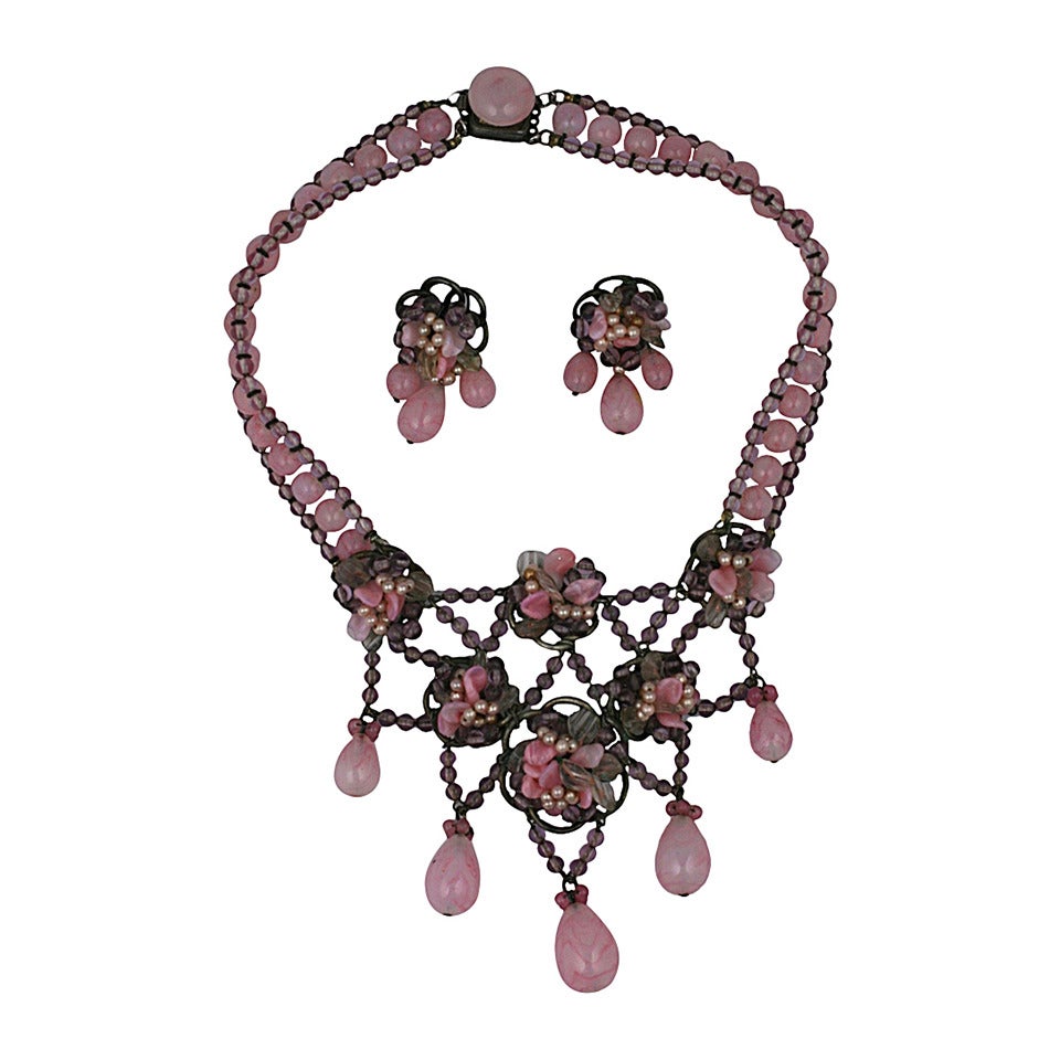 Rousselet Pate de Verre and Pearl Necklace Suite