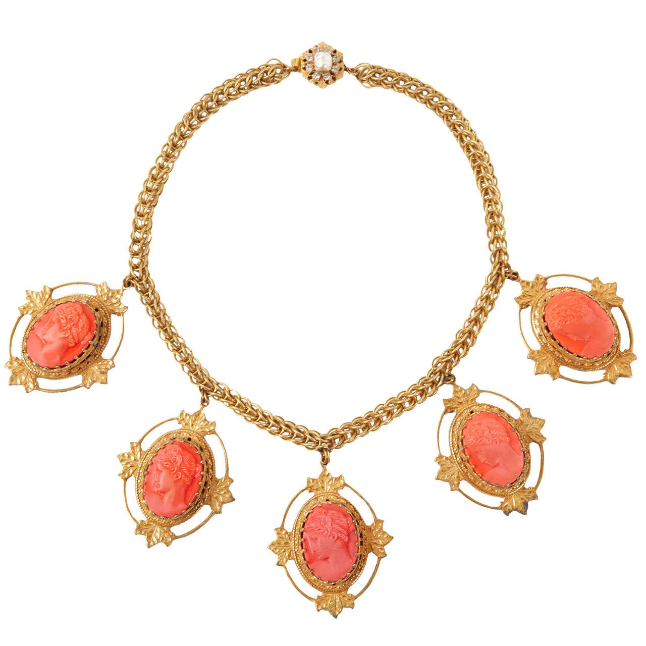 Miriam Haskell Coral Cameo Necklace For Sale
