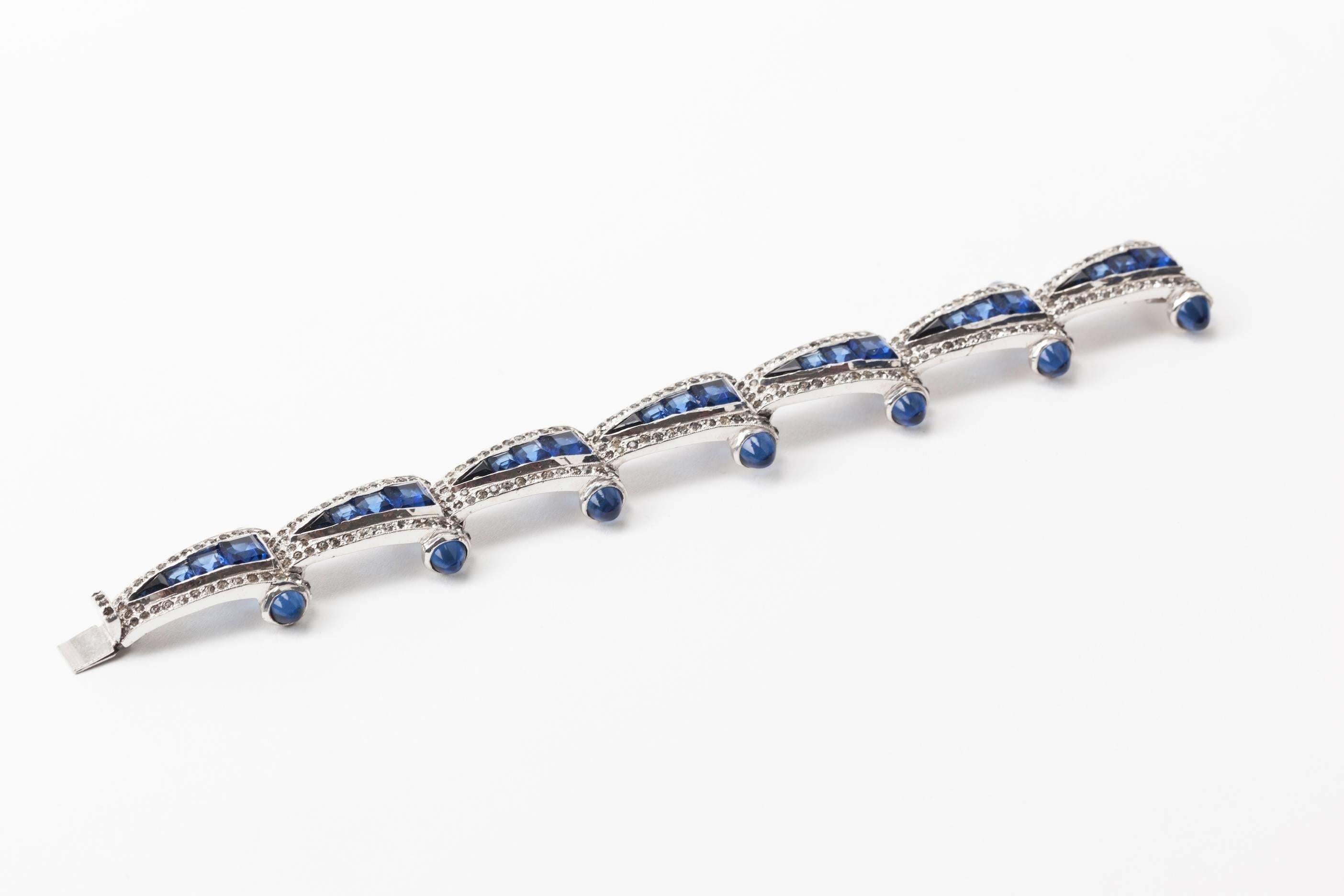 Wonderful Art Deco Bracelet with Calibre Set Faux Sapphires In Excellent Condition In New York, NY
