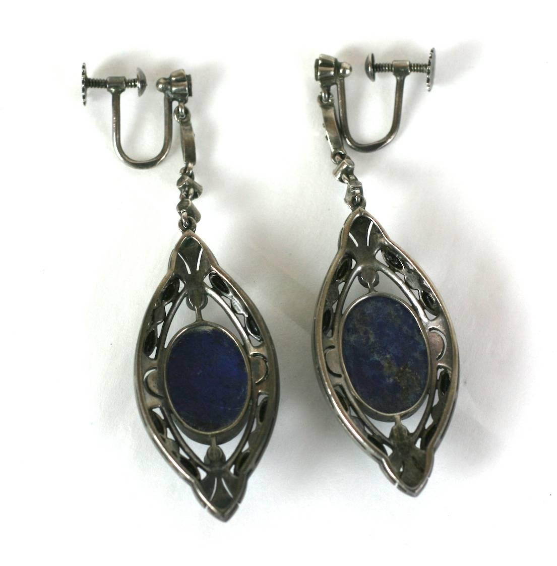 Art Deco Marcasite, Sodalite and Onyx Drop Earrings In Excellent Condition For Sale In New York, NY