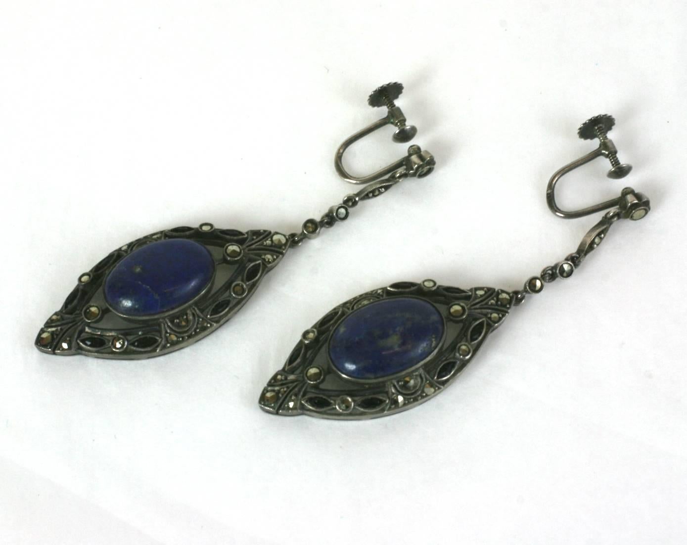 Art Deco Marcasite, Sodalite and Onyx Drop Earrings set in sterling silver. Attractive onyx marquise shaped stones surround the central sodalite  cabochon with marcasites set around. Sodalite has the look of Lapis lazuli without the gold veining.