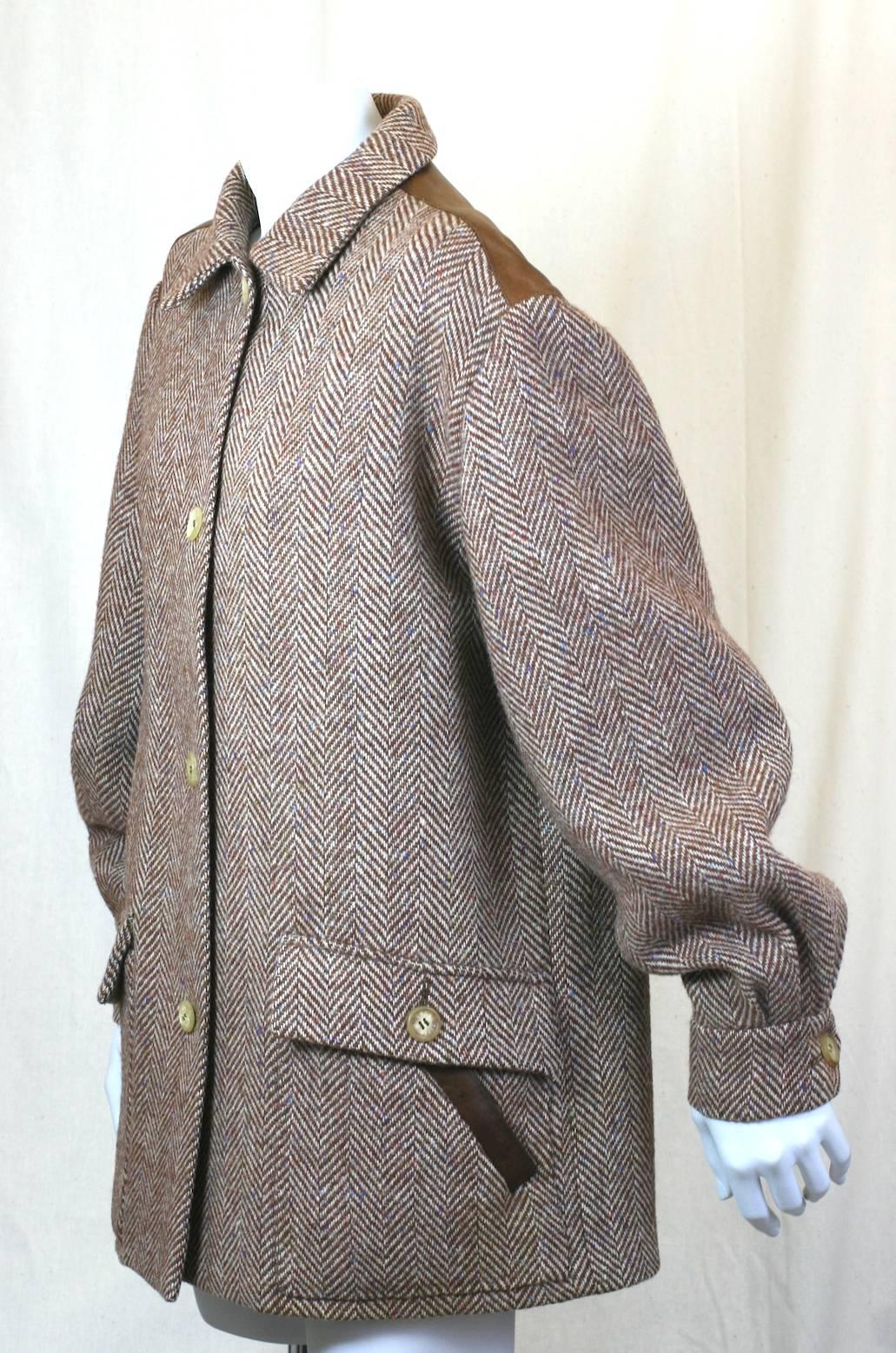 Jacke aus Tweed mit Lederbesatz von Hermès (Grau) im Angebot