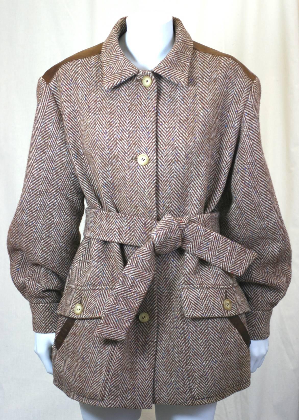Gray Hermes Tweed and Leather Trimmed Jacket For Sale
