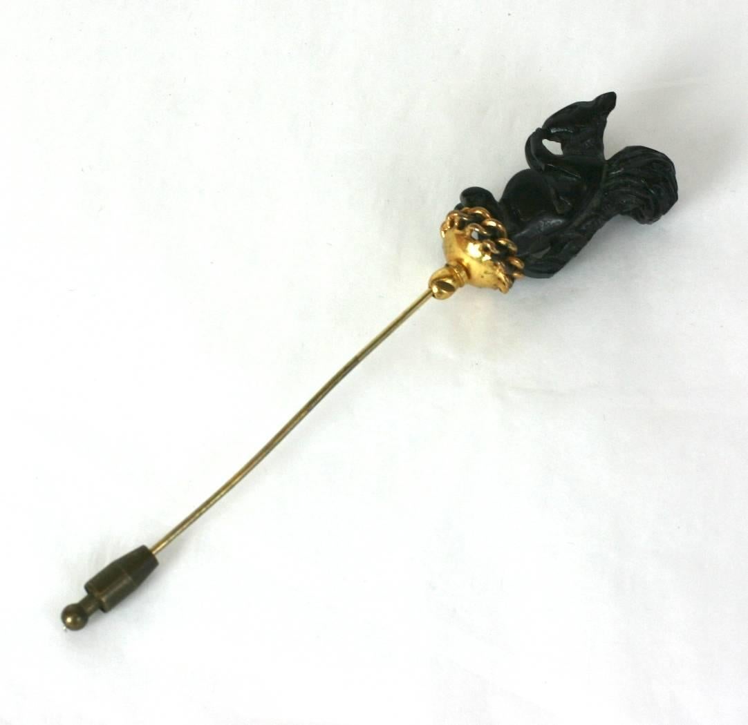 Charming French Bakelite Squirrel Hat Pin, hand carved and set into a gilt metal chain edged cap. 1930's France. Excellent condition. Length 5